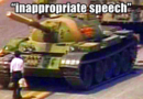 1989 Tiananmen Square “Tank Man” image, with the text “inappropriate speech” superimposed