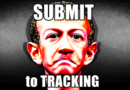 Caricature of Meta CEO Mark Zuckerberg, with the text “Submit to Tracking” superimposed