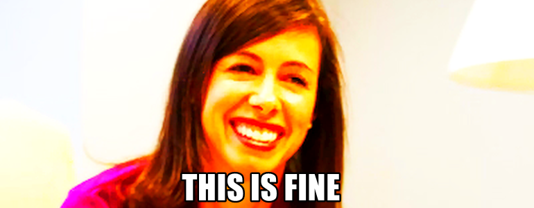 A blown out picture of FCC chairwoman Jessica Rosenworcel, with superimposed text, “THIS IS FINE”