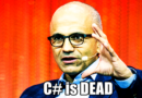 Microsoft CEO Satya Nadella, with superimposed text: “C# is dead”