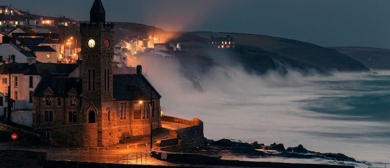 Clock Tower at Portleven, Cornwall during storm