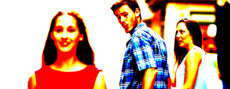 The famous “distracted boyfriend” meme: A man is walking with his girlfriend but looks backwards at another woman, to the disgust of his girlfriend